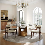 Round Dining Table for 6, Glossy White Sintered Stone Dining Tabletop with Bronze Carbon Steel Pedestal