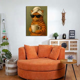 Funny Cat Bathroom Canvas Wall Art Cool Orange Tabby Cat Drinking Coffee Wall Decor Pictures Maximalist Preppy Aesthetic Posters Prints for Cafe Bar Bathroom Home Decoration 12x16in