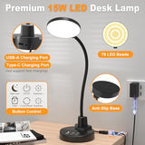 15W LED Desk Lamp with USB Charging Ports – Dimmable Table Lamp with 3 Color Temps, 5 Brightness, 4 Timers, Flexible Gooseneck Light