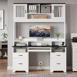 Bestier 77.8" H Computer Desk with Hutch, Charging Station, LED Light,White