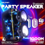 Dolphin Dual 10" Bluetooth Party Speaker - 1000W Big Speaker with 2 Wireless Microphones, Powerful Bass, Multicolor LED Lights, Tailgate Ready, Portable with Wheels & Handle, Long-Lasting Battery
