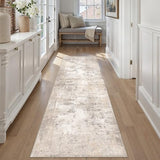 WondRg 3x14 Washable Runner Rug Beige Grey Abstract Non Slip Soft Low Pile Hallway Kitchen Rug Neutral Modern Carpet for Laundry Bathroom Bedroom Living Room Home Decor