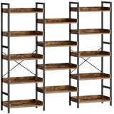 Rolanstar Bookshelf 5 Tiers, Triple Bookcase with Open Display Shelves, Industrial Wide Bookshelf, Rustic Brown