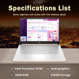 14" HD BrightView Laptop, Intel Celeron N150, 16GB RAM, 416GB Storage (128GB eMMC + 288GB Docking Station Set), Intel UHD Graphics