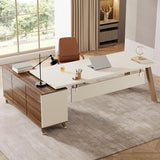 78.7-Inch Executive Desk, L-Shaped Desk with 55-Inch Cabinet, Large Office Desk with Storage Shelves, White & Walnut