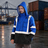 SRsafety Waterproof Security Rain Jacket, Blue Industrial Safety Coat for Men, Reflective Work Raincoat Gear, Windproof Hooded Utility Outerwear, 1-Piece Big and Tall Guard Uniform