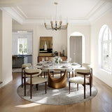 Round Dining Table for 6, Glossy White Sintered Stone Dining Tabletop with Bronze Carbon Steel Pedestal