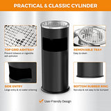 Black Trash Can with Lid Outdoor Indoor Stainless Steel Commercial Garbage Bin Waste Container, Black, 9.8 in x 24 in (D * H)