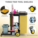 3 Shelf Commercial Traditional Plastic Janitor Cart, with 2 Yellow 25 Gallon Vinyl Bag & Rubber Gloves for Restaurant Hotel Home