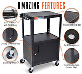 Line Leader AV Cart w/Locking Cabinet, Black Metal Utility Cart with Storage Shelf - Height Adjustable (Black, 24in x 18in)