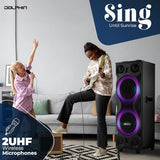 Dolphin High-Power Big Party Speaker – X-BASS, Strobe & LED Infinity Lights, Bluetooth, Wood Cabinet MDF, 2 UHF Wireless Mics, 120W, Long-Lasting Battery for DJ & Karaoke