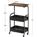 FURUIM2024M Utility Trolley 3-Tier Kitchen Rolling Cart, 16.54" Storage with Wheels,Wooden Tabletop