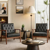 Black Leather Accent Chairs Set of 2, Waiting Room Chairs with Wood Arms, Office Guest Arm Chair