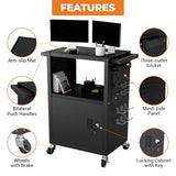 Mobile AV Cart with Push Handles, Heavy Duty Rolling Media Cart with Customized Pegboard & Hooks, 4 Outlets
