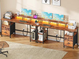 Furologee 61" Computer Desk with Power Outlet & LED Lights, Reversible Gaming Desk with File Cabinet, Rustic Brown