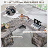 T4TREAM 59" L Shaped Executive Desk with Drawers,Farmhouse Wood Computer Desk