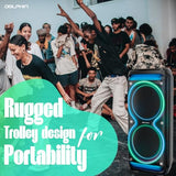 Dolphin SP-5200RBT Dual 12” Rechargeable Party Speaker with LED Lights, WaveSync (TWS), 100W RMS, Bluetooth, USB, FM, AUX, 6-Band EQ, Mic in, 2 Wireless Mics, Mic Priority, Trolley Design