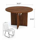 HIPIHOM Modern Round Dining Table Set for 2, 39.4" Walnut Kitchen Table with 2 PU Leather Chairs, 3-Piece Mid-Century Dining Room Set for Small Spaces, Pedestal Base