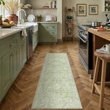 WondRg 2x6 Green Washable Runner Rug for Kitchen Hallway Neutral Floral Soft Non Slip Rug Low Pile Distressed Carpet for Bathroom Bedroom Indoor Nursery