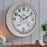 CLXEAST 18 Inch Illuminated Outdoor Clock with AI Smart Sensor, Large Farmhouse Wall Clock with Temperature & Humidity,Weathered White Finish,Unique House Warming Gifts