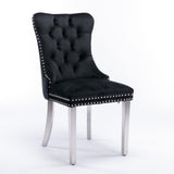 MOOLSUN Velvet Dining Chairs Set of 6, High Back Side Chairs, Modern Padded High-End Tufted Upholstered Chairs with Button-Tufted Back & Rear Pull Tabs, Silver Plated Leg E-Black(Silver Plated Leg)