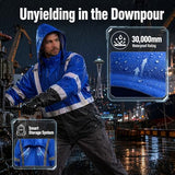 SRsafety Waterproof Security Rain Jacket, Blue Industrial Safety Coat for Men, Reflective Work Raincoat Gear, Windproof Hooded Utility Outerwear, 1-Piece Big and Tall Guard Uniform
