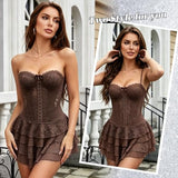 JKEEMI Womens Strapless Mini Dress Sexy Lace Sleeveless Ruffle Tiered Summer Bodycon Party Club Tube Top Dresses with Underneath Shorts Sexy Going Out Outfits Dark Brown S