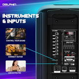 Dolphin Dual 10" Bluetooth Party Speaker - 1000W Big Speaker with 2 Wireless Microphones, Powerful Bass, Multicolor LED Lights, Tailgate Ready, Portable with Wheels & Handle, Long-Lasting Battery