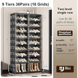 wesimple 36 Pairs Portable Shoe Storage Cabinent of 3-Step Fast Installation,Plastic Shoe Box with Magnetic Clear Door for Entryway, Enclosed Shoe Rack for Sneaker, Heels etc.. (2Row, 9Tier)