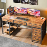Computer Desk with 6 Drawers, 54 Inch Office Desk with Shelves, Reversible Gaming Desk, Corner Desk with Storage, Rustic Brown