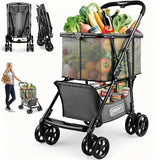 𝟐𝟎𝟐𝟔 𝐔𝐩𝐠𝐫𝐚𝐝𝐞𝐝 Folding Shopping Cart with Wheels, 80lbs Multi Use Grocery Carts with 360° Wheels & Removable Tote Bag, Multifunctional Portable Personal Shopping Carts for Groceries, Black