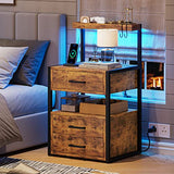 Nightstand with Charging Station and LED Lights, LED Night Stand with 2 USB Ports and 2 AC Outlets, Modern End Table with 3 Drawers, Bedside Table with Open Storage for Bedroom, Rustic Brown