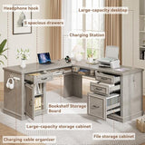 Farmhouse L Shaped Executive Desk with 4 Drawers, Home Office Desk with Hidden Under-Desk Storage