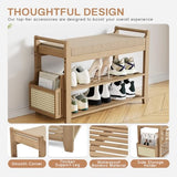Homaxy 2-Tier Shoe Rack Bench with Side Holder, 28.2 in Bamboo Entryway Bench, Shoe Rack Organizer with Cushion for Front Entrance, Hallway Living Room Bedroom, Walnut and Light Brown