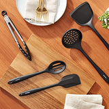 5 Piece Cooking Utensil Set, Flexible Nonstick Silicone, Stain-Free, Tongs, Turner, Spatula, Skimmer, and Slotted Spoon, Black GreenPan