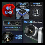 4K Conference Room Camera, PTZ Camera 20X Optical Zoom with IP/USB3.0/HDMI/RS232/RS485 for IP Live Streaming Video Conference