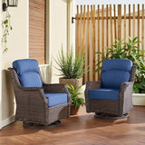 AOGROD Outdoor Wicker Swivel Rocker Chair with 6-Inch Thick Cushions, High Back Patio Glider Chair, 360° Swivel & Rocking Motion for Porch, Deck, Balcony, Poolside, Brown/Blue