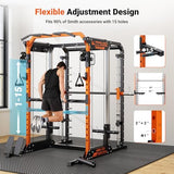 Smith Machine with Independent Dual-Pulley System, 1700LBS Adjustable Cable Crossover Squat Rack, Multi-Functional Power Cage for Home Gym