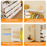 Closet System with 6 Wood Drawers, 6-12FT Closet Organizer System with Cuttable Shelves for Walk in Closet with 6 Expandable Hanging Rods