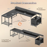 66" L Shaped Gaming Desk with LED Lights & Power Outlets, Computer Desk, Black