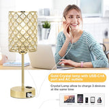 Hong-in Gold Lamps for Night Stands-Crystal Table Lamp with USB-C+A & AC Charging Ports