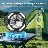 covozon 20000mAh Portable Misting Fan, USB Rechargeable Camping Fan with LED Light, Battery Operated for Outdoor, Tents, Beach, Travel - 250mL Water Tank & Hook Included, Black.