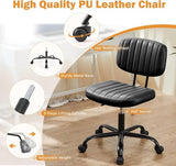 Sweetcrispy Small Office Desk Chair - Armless PU Leather with Comfy Lumbar Support, Height Adjustable Rolling Swivel Task, Black