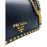 Prada Blue Black Glace Leather Studded Trim Crossbody Handbag 1BD147