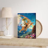 UFO Victorian Landscape Canvas Wall Art Whimsical Funny Alien Riding A Cat Wall Decor Pictures Eclectic Cat Poster Print for Dorm Bedroom Home Decoration 12x16in