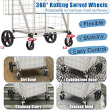 Foldable Double Basket Trolley with 360° Swivel Wheels, Dense Metal Mesh Bottom Utility Carts for Condo/Laundry