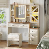 AOGLLATI Farmhouse Vanity Desk with Mirror and Lights, Makeup Vanity Set with Lights & Jewelry Cabinet & 5 Drawers, Vanity Table with Charging Station, Hidden Storage Space for Bedroom, Antique White