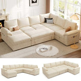108'' Modular Sectional Sofa with Pull Out Bed, Sleeper Sofa, Beige | U Shaped 7 Seat Sectional Couches for Living Room