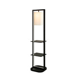 74 Inch Floor Lamp with 2 Shelves, Round Lampshade, Iron, Black and White Benzara