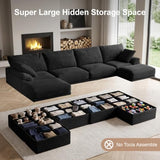 142" Boneless Couch with Storage, 48.6" Extra Deep-High Seat Modular Sectional Sofa with Ottoman